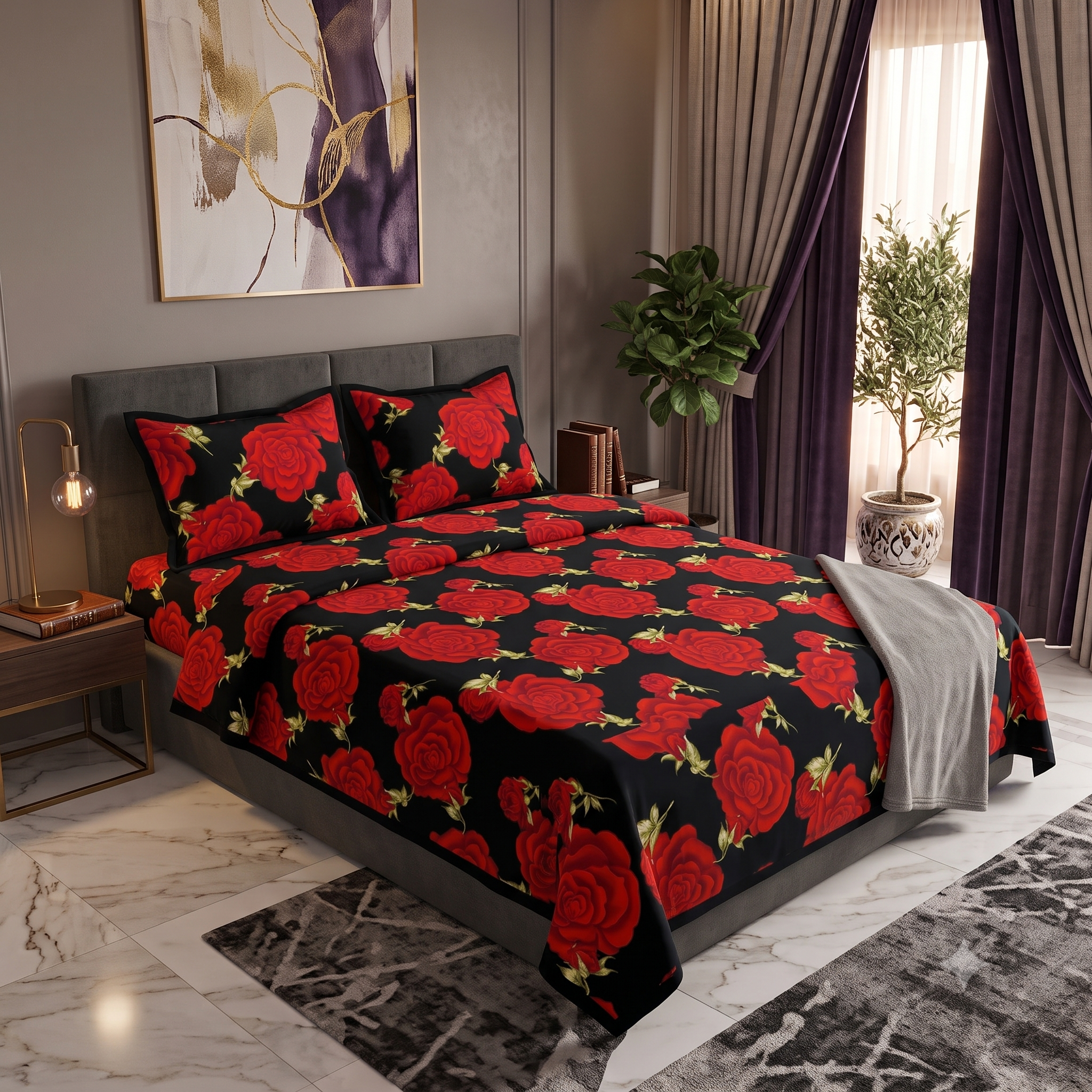 Printed Bed Sheet(Red Flowery)