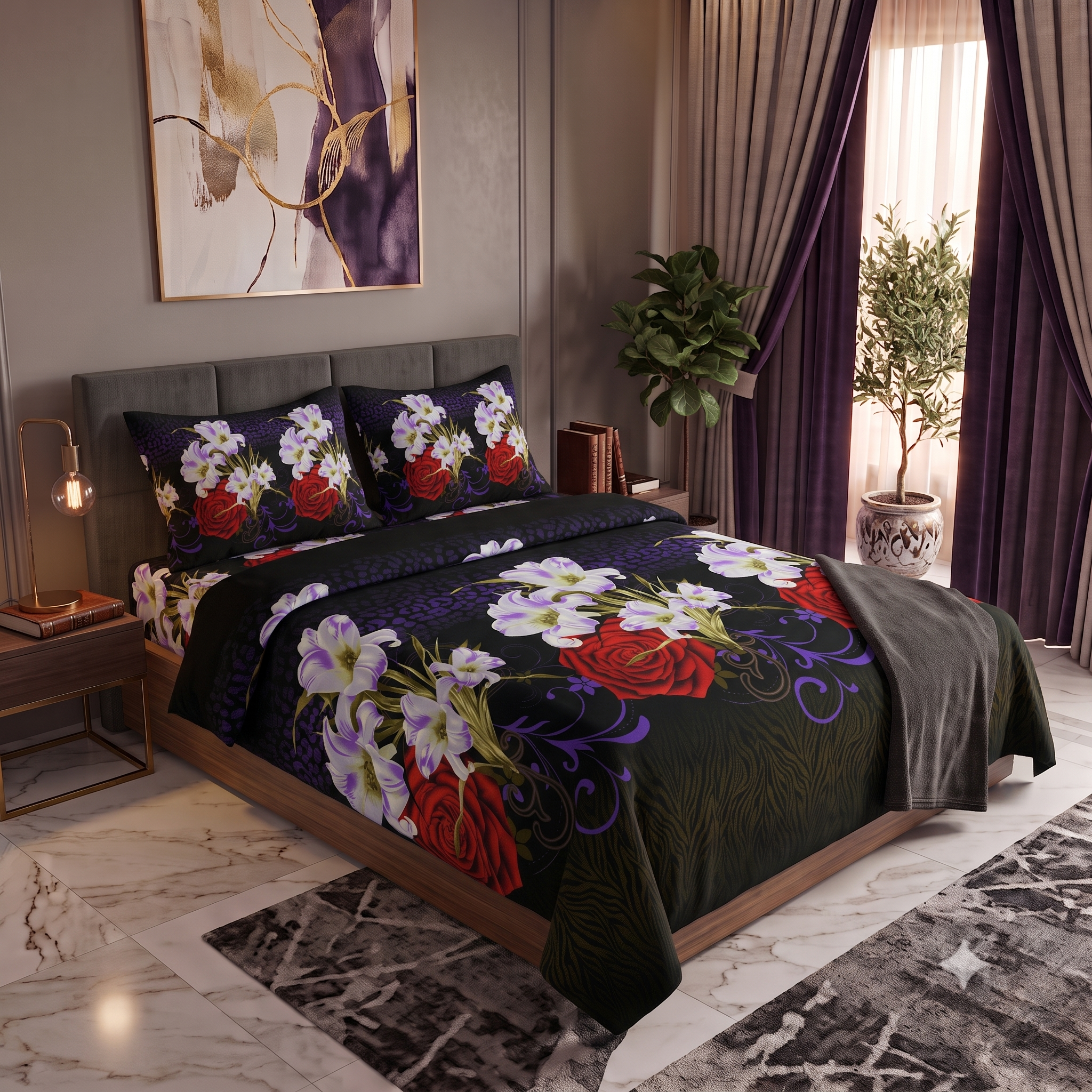 Printed Bed Sheet(Black flowery sky)