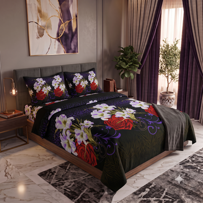 Printed Bed Sheet(Black flowery sky)