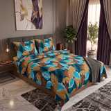 Printed Bed Sheet(Golden Azure Leaves)